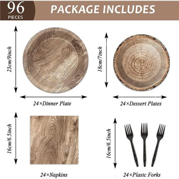 96Pcs Rustic Wooden Tree Party Supplies TablewareSet Lumberjack Party Decoration - Picture 3 of 6